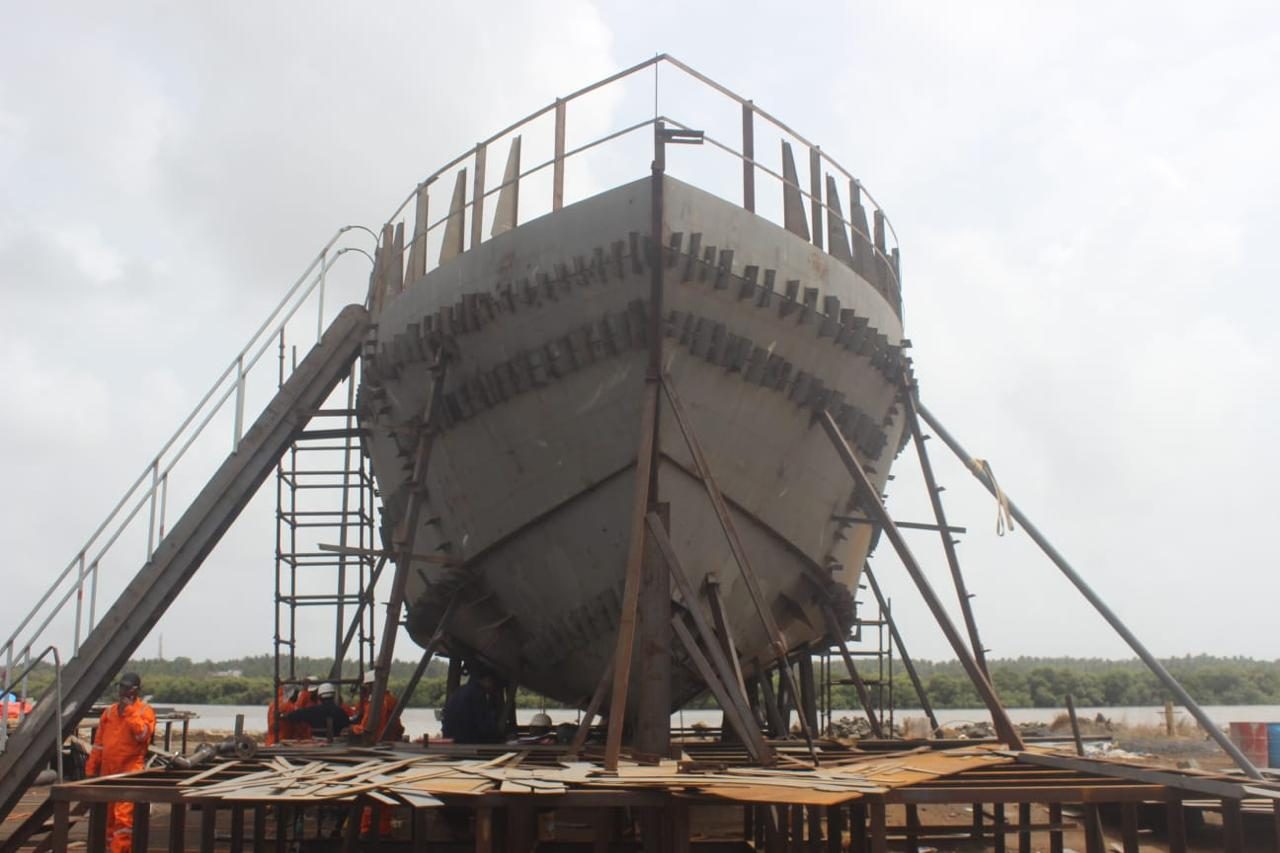New build vessel bow on slipway